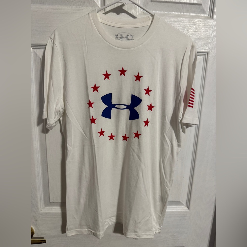 Under Armour White Tee with Red Stars and Blue Logo